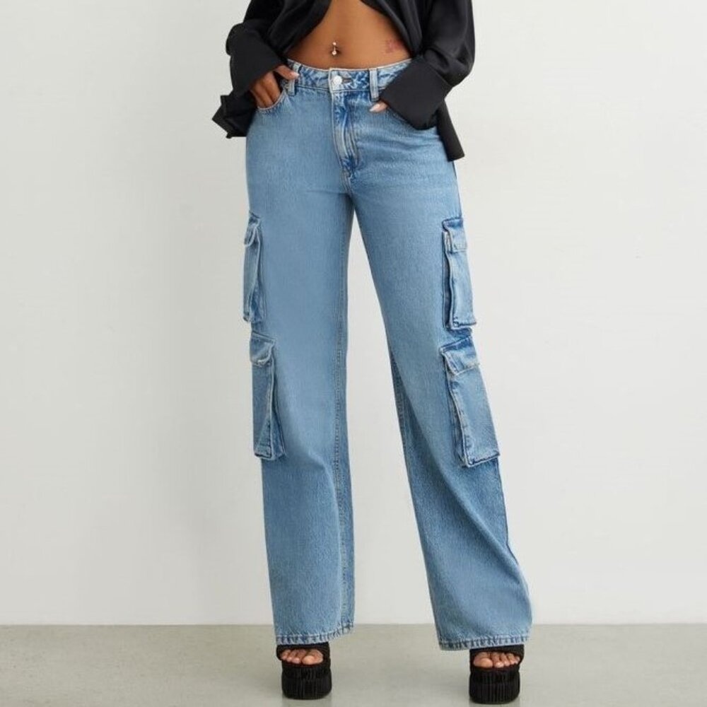 Dynamite Heidi Blue Wide Leg Cargo Denim Jeans
